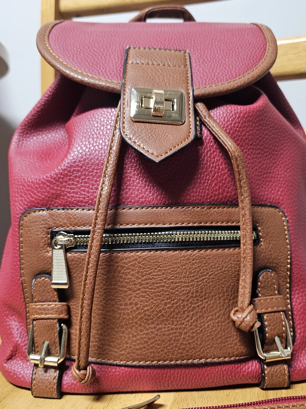 Lipstick Red Brown Faux Leather Backpack Travel Vacation Medium Multipurpose Bag